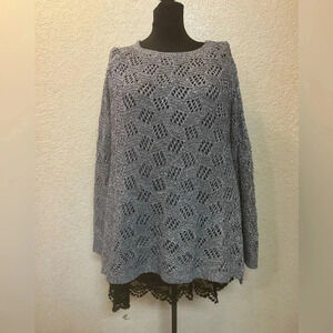 A'reve M/L Wms‎ Sweater Dress Grey Loose Knit Rhinestone button back Black Lace